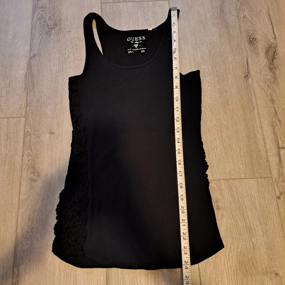 Guess Tank Top Women Small Black Sheer Lace Side Panels Ribbed Racerback